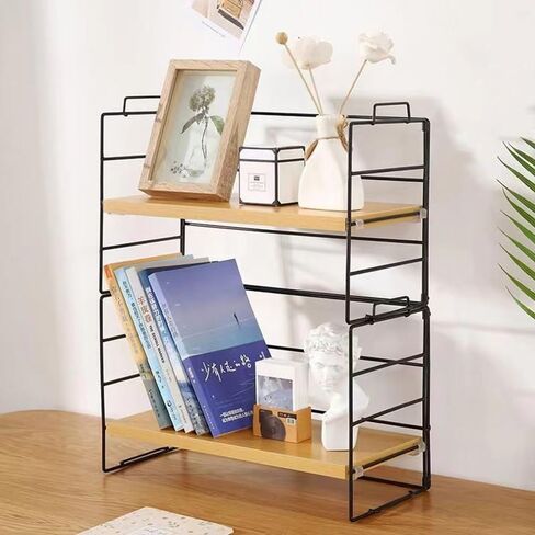 منظم رف سطح المكتب من Hbluefat، رف تخزين رف كتب خشبي قابل للتعديل بطبقتين، رف عرض صغير متعدد الوظائف قابل للتكديس للمنزل والمكتب والمدرسة والمطبخ وغرفة النوم (الجوز + أسود) in Kuwait