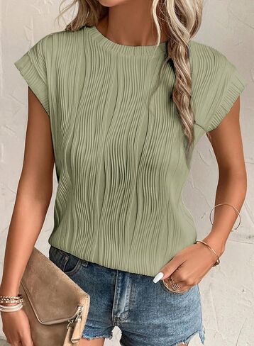 EVALESS Women's 2024 Spring Summer Short Sleeve T Shirts Fashion Trendy Casual Round Neck Knit Textured Tops Tunic Blouses Clothes Light Green X-Large in Saudi Arabia