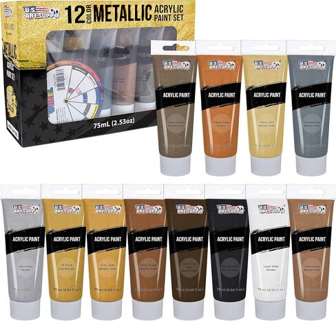 U.S. Art Supply Professional 36 Color Set of Metallic Acrylic Paint, Large 18ml Tubes - Rich Vivid Pearl Colors for Artists, Students, Beginners - Canvas, Portrait Paintings, Wood - Color Mixing Wheel in Kuwait
