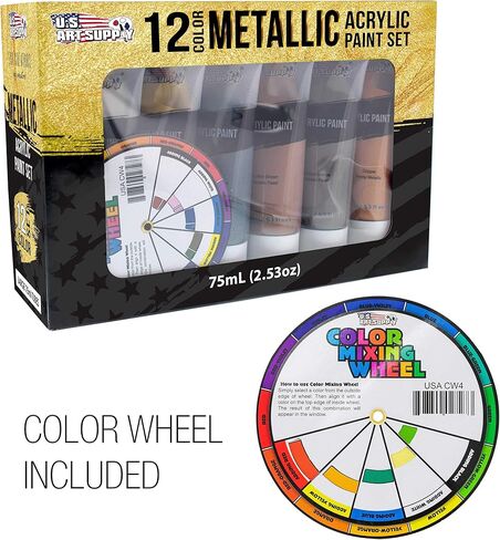 U.S. Art Supply Professional 36 Color Set of Metallic Acrylic Paint, Large 18ml Tubes - Rich Vivid Pearl Colors for Artists, Students, Beginners - Canvas, Portrait Paintings, Wood - Color Mixing Wheel in Kuwait