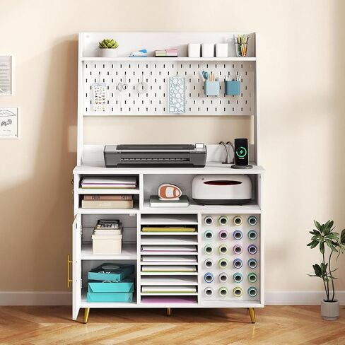 DWVO Craft Organizers and Storage Cart Compatible with Cricut Machine, Craft Rolling Storage with Charging Station & Vinyl Roll Holder, Crafting Table Workstation for Home Office in Saudi Arabia