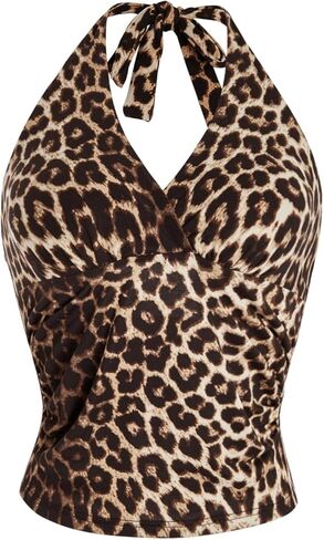 WDIRARA Women's Leopard Print Ruched Halter Crop Tops V Neck Tie Back Sleeveless Slim Fit Cami Tops in Kuwait