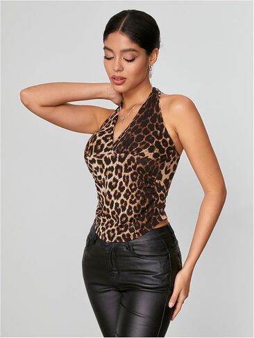 WDIRARA Women's Leopard Print Ruched Halter Crop Tops V Neck Tie Back Sleeveless Slim Fit Cami Tops in Kuwait