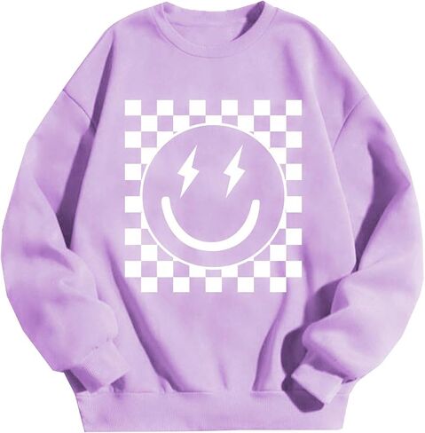 SHENHE Girl's Checkered Sweatshirt Smile Face Graphic Crew Neck Cute Sweatshirt Pullover Top in Kuwait