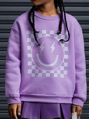 SHENHE Girl's Checkered Sweatshirt Smile Face Graphic Crew Neck Cute Sweatshirt Pullover Top in Kuwait