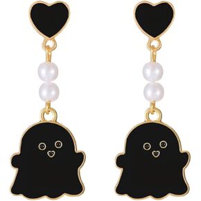 coadipress Halloween Earrings for Women Cute Funny White Blue Pink Ghost Love Heart Pearl Dangle Drop Earrings Creative Halloween Party Cosplay Costume Jewelry Gifts