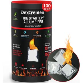 Dextreme Quick Instant Fire Starter 100Pcs - Waterproof All-Purpose Indoor & Outdoor Firestarter, for Charcoal Starter, Campfire, Fireplace, BBQ, Survival and Wood Stove - Odorless and Non-Toxic