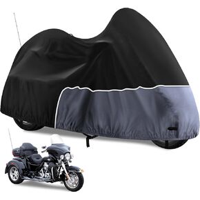 Trike Cover, Waterproof Internal Composite Cotton 3 Wheel Motorcycle Cover for Harley Davidson, Honda Goldwing, Kawasaki Trike Accessories, with Windproof Buckle, Reflective Strap, Black&Orange
