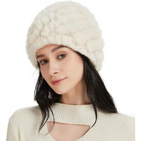 Women's Rabbit Fur Hat Furry Knit Beanie Hat Warm Winter Hat Ski Skull Cap