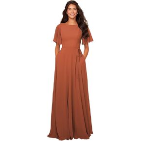 Flutter Sleeve Bridesmaid Dresses for Women 2024 Chiffon Formal Wedding Guest Dress with Pockets Sash