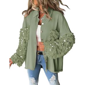 CHICME BEST SHOPPING DEALS Womens Jacket Sequin Patchwork Long Sleeve Jacket Top Button Front Oversized Denim Shacket