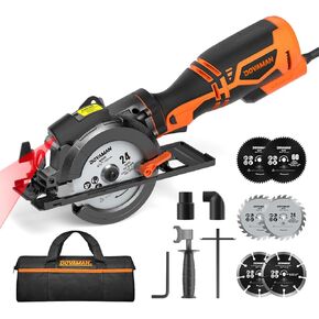 DOVAMAN Circular Saw, 5.8A Mini Circular Saw with Laser, 3500rpm, Metal Auxiliary Handle, Cutting Depth 1-11/16" (90°), 1-3/8" (45°), 6 Saw Blades Ideal for Wood, Soft Metal, Plastic, Tile, Blue