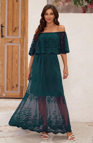 Women's Off The Shoulder Embroidered Lace Maxi Wedding Dress Boho Brides Bridesmaid Wedding Guest Party Maternity Photoshoot Dresses Wine Red in Saudi Arabia