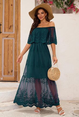 Women's Off The Shoulder Embroidered Lace Maxi Wedding Dress Boho Brides Bridesmaid Wedding Guest Party Maternity Photoshoot Dresses Wine Red in Saudi Arabia