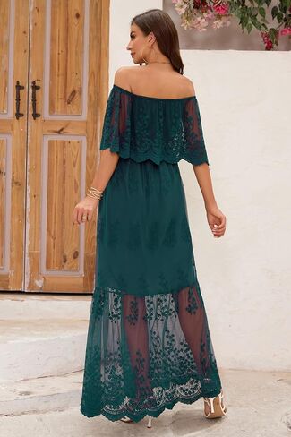 Women's Off The Shoulder Embroidered Lace Maxi Wedding Dress Boho Brides Bridesmaid Wedding Guest Party Maternity Photoshoot Dresses Wine Red in Saudi Arabia