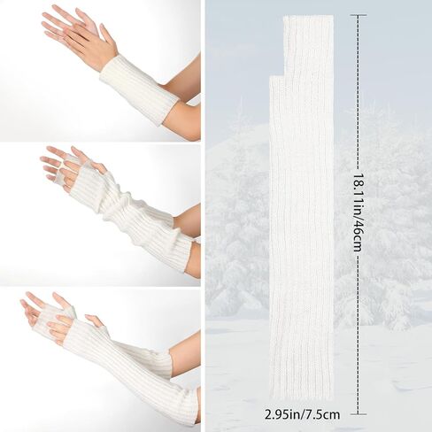 Pleneal 2 Pairs Long Fingerless Gloves for Women Knit Thigh High Striped Arm Warmer Thumb Hole Stretchy Gloves in Kuwait