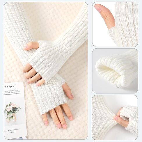 Pleneal 2 Pairs Long Fingerless Gloves for Women Knit Thigh High Striped Arm Warmer Thumb Hole Stretchy Gloves in Kuwait