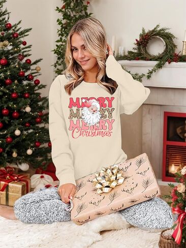 Christmas Sweatshirts for Women Merry Christmas Plaid Pullover Sweatshirts Holiday Vacation Graphic Tees Tops in Kuwait