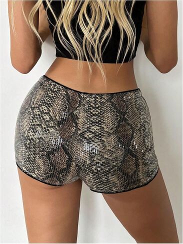 SHENHE Women's Glitter Sequin Leopard Shorts Low Rise Sexy Rave Club Booty Shorts Hot Pants in Kuwait