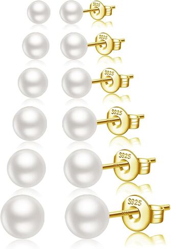 Pearl Stud Earrings for Women Dainty Pearl Earrings Sterling Silver Pearl Stud Earrings Hypoallergenic Pearl Earrings Set (6 Pairs) in Kuwait