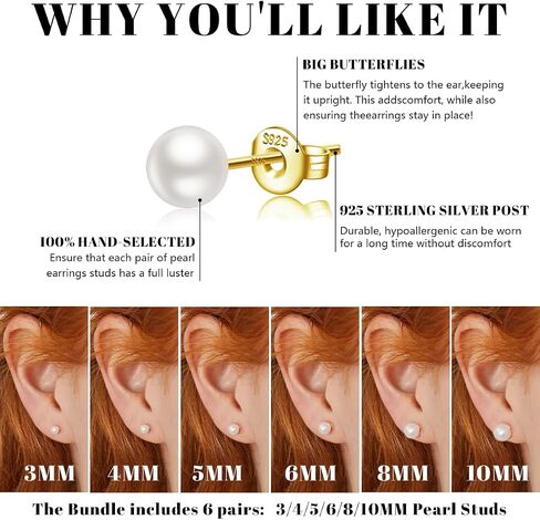 Pearl Stud Earrings for Women Dainty Pearl Earrings Sterling Silver Pearl Stud Earrings Hypoallergenic Pearl Earrings Set (6 Pairs) in Kuwait