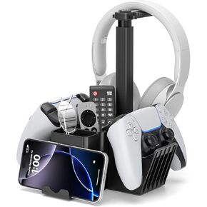 KDD Dual Controller Stand with Headphone Holder - Universal Desktop Organizer with Phone Holder - Multi-functional Desk Storage Box for Remote Control Pen Xbox ONE PS5 PS4 PC Accessories