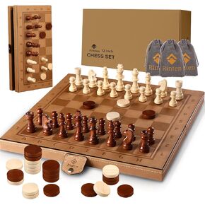 Chess Set Board for Kids & Adults, 12" Travel Magnetic Chess & Checkers Folding Board 2 in 1 Sets, Portable Folding Leather Chess Boards with 3 Velvet Bag Packaging Pieces