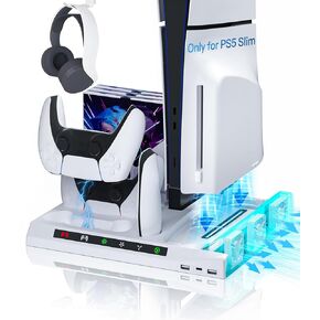 PS5 Slim Cooling Station，Charging Controller，Featuring Three Adjustable Cooling Fan，Compatible with Disc&Digital Editions,It's PlayStation 5 Slim Ideal Accessories (White)