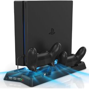 محطة شاحن وحدة التحكم لجهاز PS4/PS4 Slim، حامل عمودي PS4 مع قاعدة شحن وحدة تحكم مزدوجة، مروحة تبريد مزدوجة و3 منافذ USB (فقط لجهاز PS4+PS4 Slim)