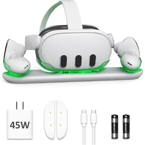 محطة شحن D.Gruoiza VR مع شاحن USB-C بقدرة 45 وات لـ Oculus/Meta Quest 3، وقاعدة شحن بمؤشر LED لشحن سماعة الرأس وجهاز التحكم باللمس في نفس الوقت مع بطاريتين قابلتين للشحن