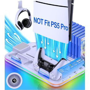 PS5 Slim Stand and Turbo Cooling Station with Controller Charging Station for Playsation 5, PS5 Accessories Kits Incl. 3 Levels Cooling Fan, RGB LED, 15 Game Slot, Headset Holder for PS5 Digital/Disc