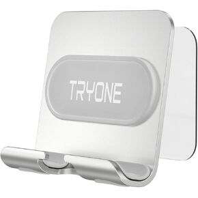 Wall Mount Cell Phone Holder - Mirror Adjustable Cellphone Stand with 2Pcs Adhesive Sticky Pads for Bathroom Bedroom Kitchen or Dorm, Compatible with iPhone Series or Other Smartphones