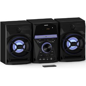 Magnavox 3-Piece CD Shelf System with Bluetooth, FM Radio, Remote Control, Colored Speaker Lights, LED Display, AUX Port - Black