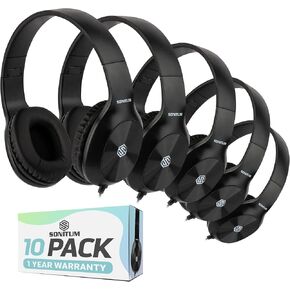 Classroom Headphones-Bulk 10-Pack, Student On Ear Comfy Swivel Earphones for Library, School, Airplane, Kids-for Online Learning and Travel, HQ Stereo Sound 3.5mm Jack (Black)