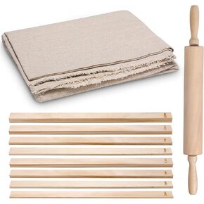 Newtay 12 Pcs Pottery Tools Include 1 Wood Rolling Pin Sculpting Polymer Clay Tools 1 Portable Wedging Board for Pottery with Built in Handle and 10 Pcs 5 Size Pottery Teaching Rolling Mud Stick Guide