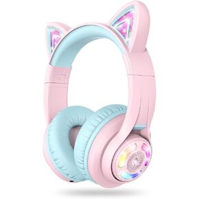 iClever Cat Ear Kids Bluetooth Headphones, LED Lights Up, 74/85/94dB Volume Limited, 50H Playtime,Bluetooth 5.2, USB C, Kids Headphones Wireless for Travel iPad Tablet, Meow Macaron (Pink)