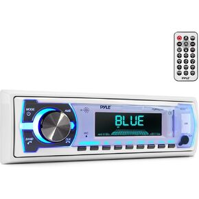 Pyle Marine Bluetooth Stereo Radio - 12v Single DIN Style Boat In dash Radio Receiver System with Built-in Mic, Digital LCD, RCA, MP3, USB, SD, AM FM Radio - Remote Control - PLMRB29W (White)