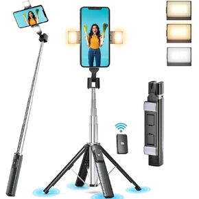 41" Selfie Stick Tripod Quadrapod with 2 Rechargeable Fill Light, Extendable Tripod with Bluetooth Remote, Stainless Steel, 3 Light Modes, 9 Brightness Levels, Compatible for All iPhone & Android