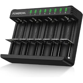 POWEROWL 8 Bay AA AAA C D Battery Charger, USB High-Speed Charging, Independent Slot, for Ni-MH Ni-CD Rechargeable Batteries…