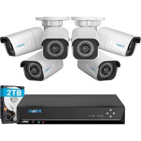 REOLINK 8CH 4K Security Camera System, 6pcs H.265 Bullet Wired PoE Cameras for Home Security Outdoors, Smart Person Vehicle Detection, 8CH NVR Recorder with 2TB HDD for 24-7 Recording, RLK8-800B6