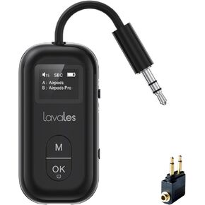SafeFly Pro Bluetooth 5.3 Transmitter & Receiver Bluetooth Audio Adapter w/Screen for up to 2 Bluetooth Headphones; Use with Any 3.5 mm Jack on Airplanes, TVs, iPad/Tablets, Speakers and Auto