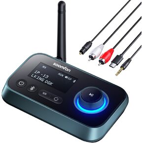 Bluetooth Transmitter Receiver - SOOMFON 3-in-1 Bluetooth 5.0 Audio Adapter for 2 Headphones with LCD Display Adjustable Volume, Optical AUX RCA Bypass for TV Home Stereo Speaker