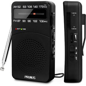 PRUNUS J-166 Portable Radio AM FM, Battery Operated Radio with Tuning Light, Back Clip, Excellent Reception, AM FM Radio Portable, Transistor Radio