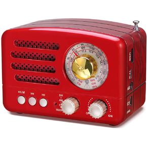 PRUNUS J-160 Small Retro Vintage Radio with Bluetooth, Portable Transistor Radio AM FM, Rechargeable Battery Operated, Support TF Card AUX USB MP3 Player (Red)