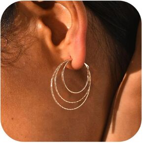 Smooth and Textured Wire Rose Gold Hoop Earrings for Women Lightweight Hypoallergenic Thin Big Triple Hoop Earrings for Women
