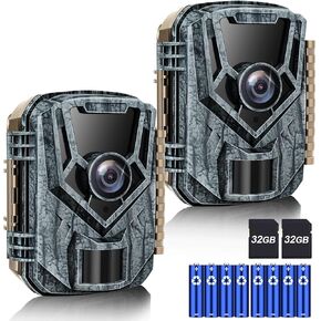 Trail Camera 2 Pack 36 MP 2.7K Game Camera 32GB Memory Card 8 Batteries with 0.2s Trigger Time 120°Wide-Angle Motion Night Vision 2.0" LCD Screen IP66 Waterproof, Wildlife Camera for Monitoring