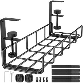 Under Desk Cable Management Tray, 15.7'' No Drill Steel Desk Cable Organizers, Wire Management Tray Cable Management Rack, Desk Cable Tray with Wire Organizer and Desk Cord Organizer