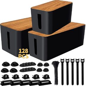 Cable Management Box 3 Pack with 125PCS Cable Management Kit for Power Strip to Hide Wires,Cord Organizer Boxes,Safe ABS Material Wire Organizer of Cable Clips Sleeve for Home & Office