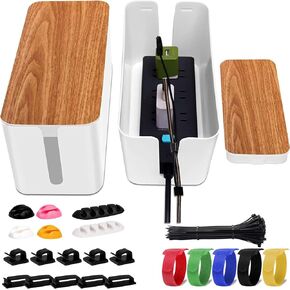 YUANYE Cable Management Box 2 Pack with 122 Cable Clips Set, Large Cord Organizer Box Hide Power Strip for Computer, Router, USB Hub and Under Desk Power Strip, Safe ABS Material Cord Management