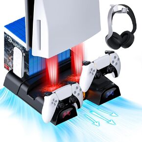 NexiGo PS5 / PS5 Slim Stand, Silent Cooling, Dual Controllers Charger for Playstation 5 Console, 3 Level Adjustable Fan Speed, PS5 / PS5 Slim Accessories, Headset and Remote Holder, White